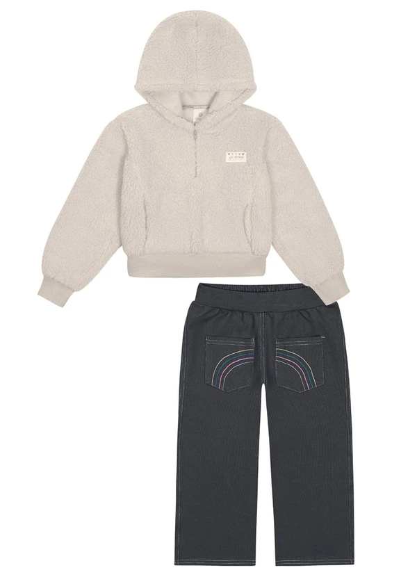 Abrange - Conjunto Blusão em Pelo e Calça Wide Leg Bege Je