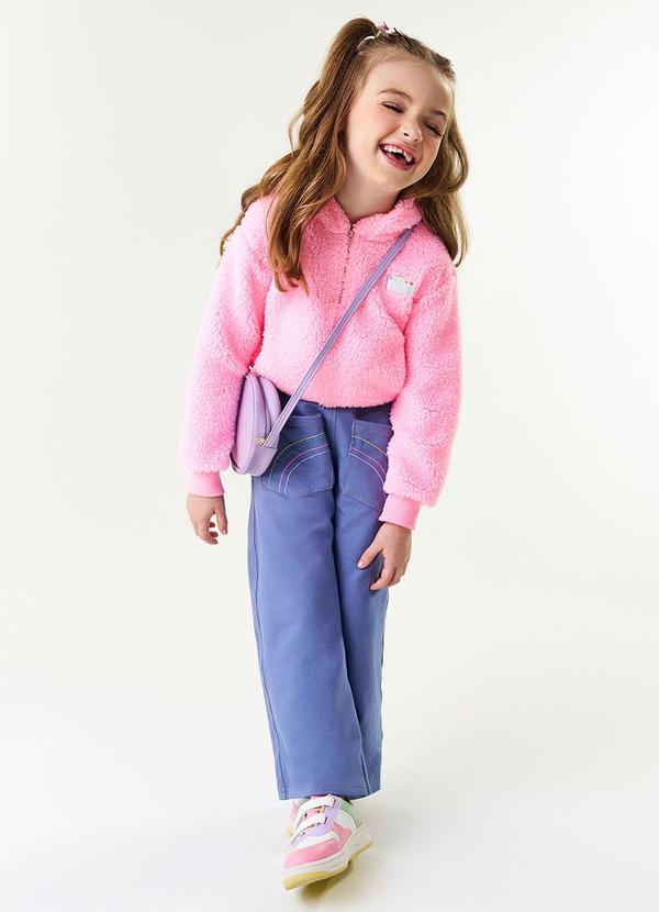 Abrange - Conjunto Blusão em Pelo e Calça Wide Leg Rosa Je