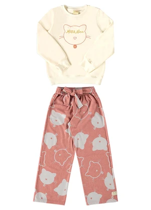 Milli e Nina - Conjunto Blusão Moletom e Calça Gatinhos Bege - MILLI E NINA