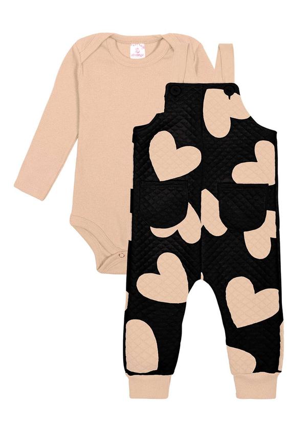 Abrange - Conjunto Body e Macacão Corações Baby Bege
