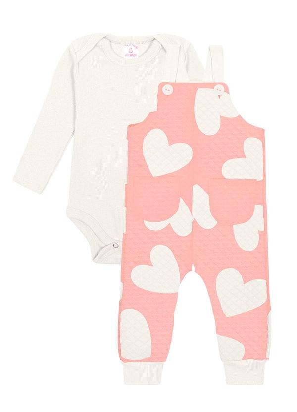 Abrange - Conjunto Body e Macacão Corações Baby Bege