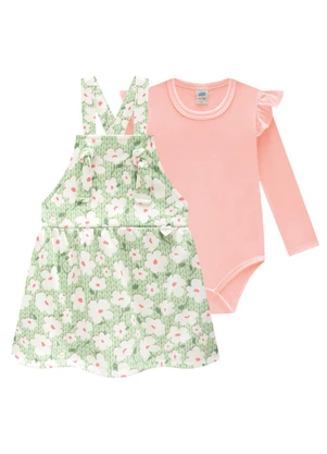 Marlan - Conjunto Body e Salopete Tricot Floral Verde - MARLAN