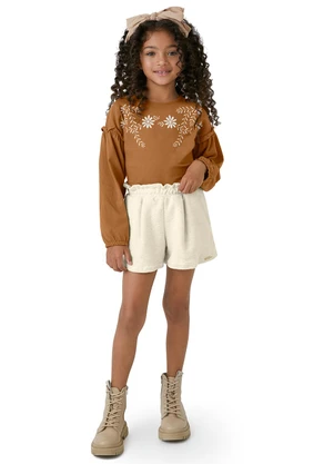 Carinhoso - Conjunto Bordado Floral Menina Marrom - CARINHOSO