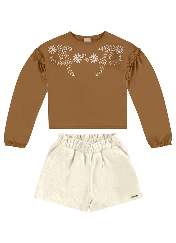 Carinhoso - Conjunto Bordado Floral Menina Marrom 2