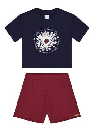 Alakazoo - Conjunto com Blusa Bordada e Shorts Saia Azul - ALAKAZOO