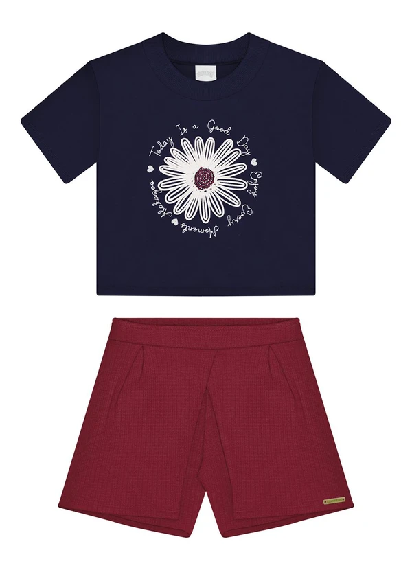 Alakazoo - Conjunto com Blusa Bordada e Shorts Saia Azul