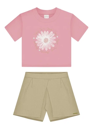 Alakazoo - Conjunto com Blusa Bordada e Shorts Saia Rosa - ALAKAZOO