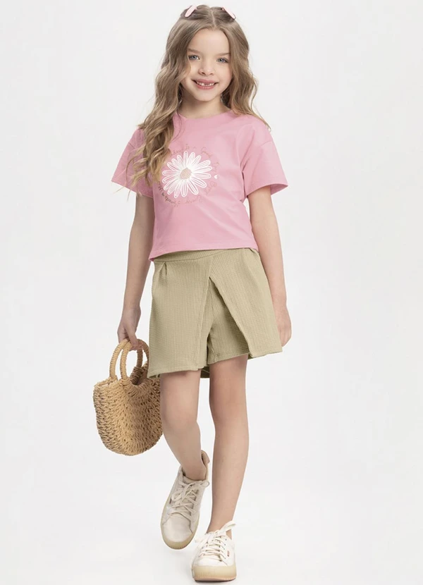 Alakazoo - Conjunto com Blusa Bordada e Shorts Saia Rosa
