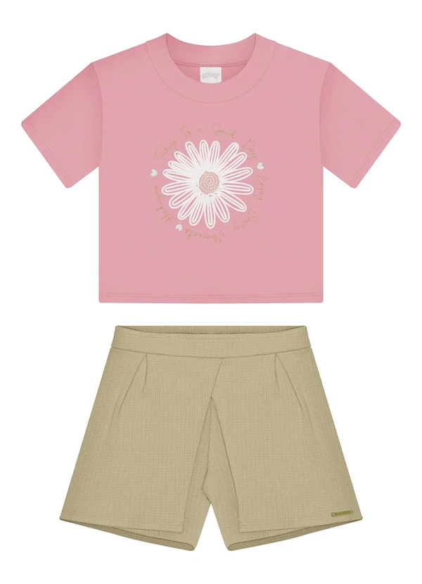 Alakazoo - Conjunto com Blusa Bordada e Shorts Saia Rosa 2