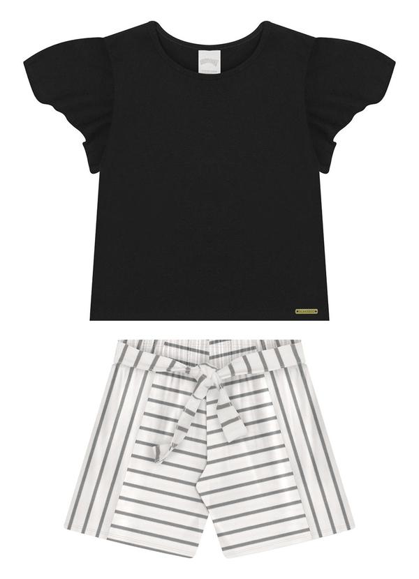 Alakazoo - Conjunto com Blusa Lisa e Shorts Listrado Preto