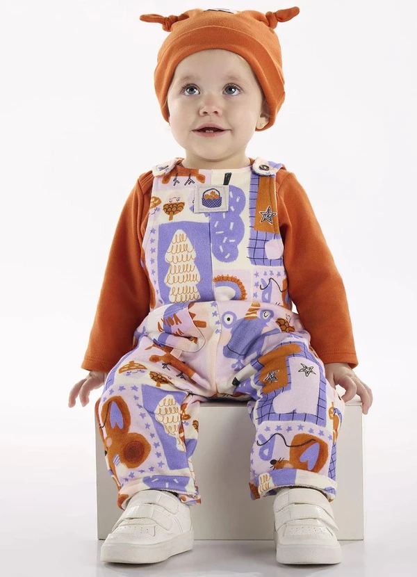 Três e Já - Conjunto com Body e Jardineira Laranja