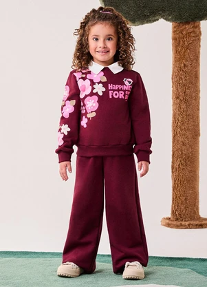 Bimbi - Conjunto de Moletom Bordo com Flores Vermelho - BIMBI