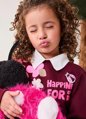 Bimbi - Conjunto de Moletom Bordo com Flores Vermelho - BIMBI