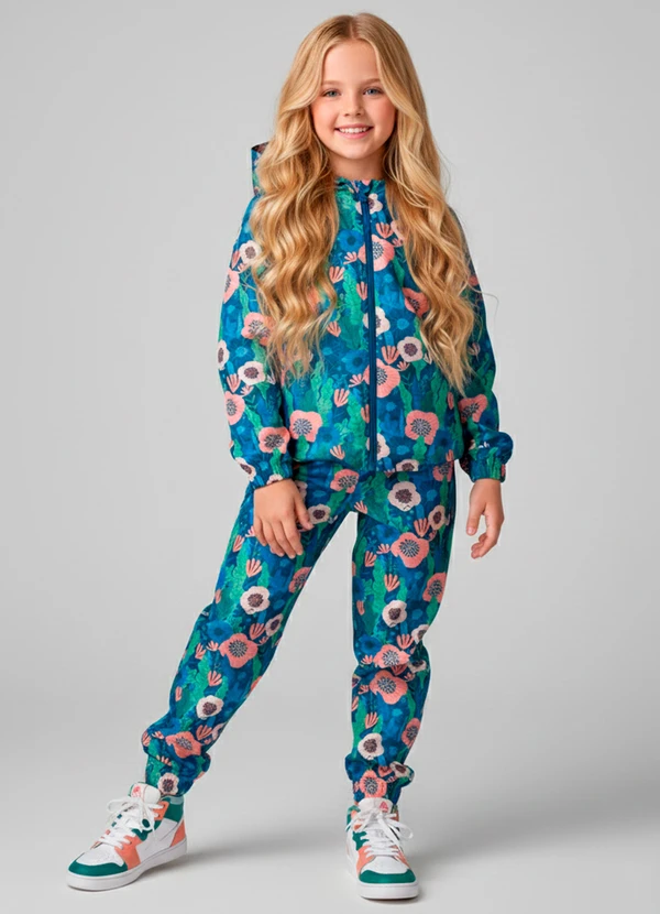 Laluna - Conjunto Feminino Corta Vento Florido Petróleo