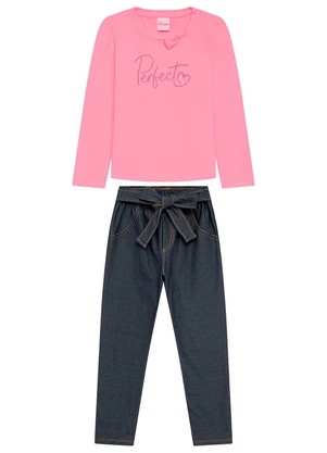 Duduka - Conjunto Infantil Blusa e Legging Jeans Rosa  - DUDUKA