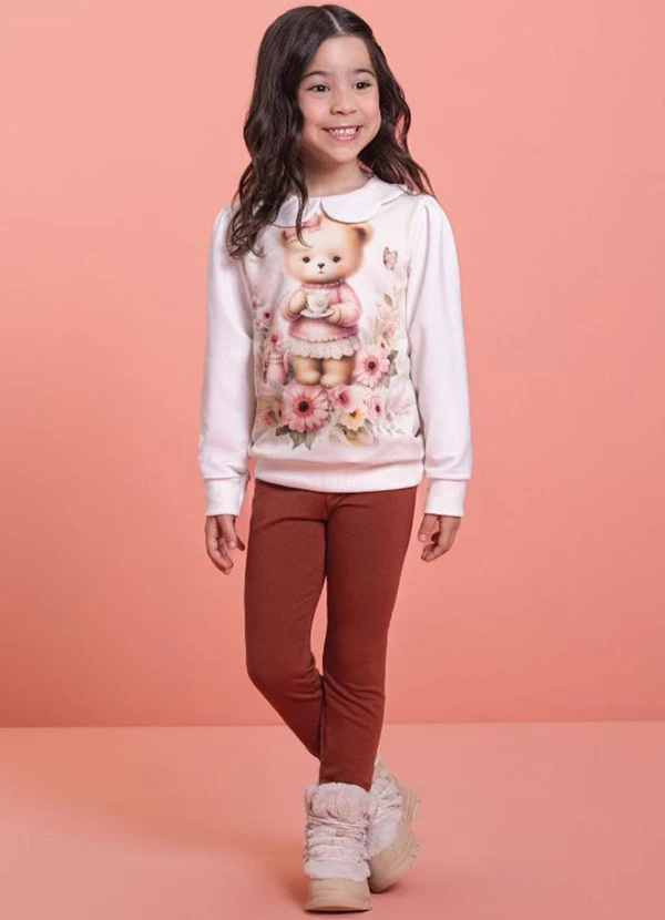 Milli e Nina - Conjunto Infantil Blusão Ursinha e Legging Bege