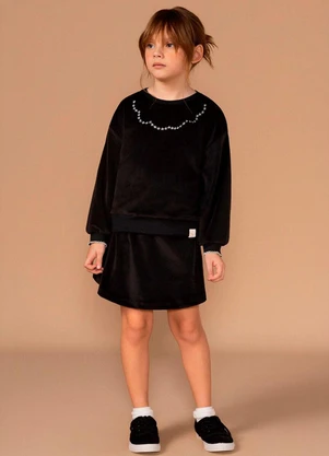 Bugbee - Conjunto Infantil Casaco e Saia Plush Preto - BUGBEE