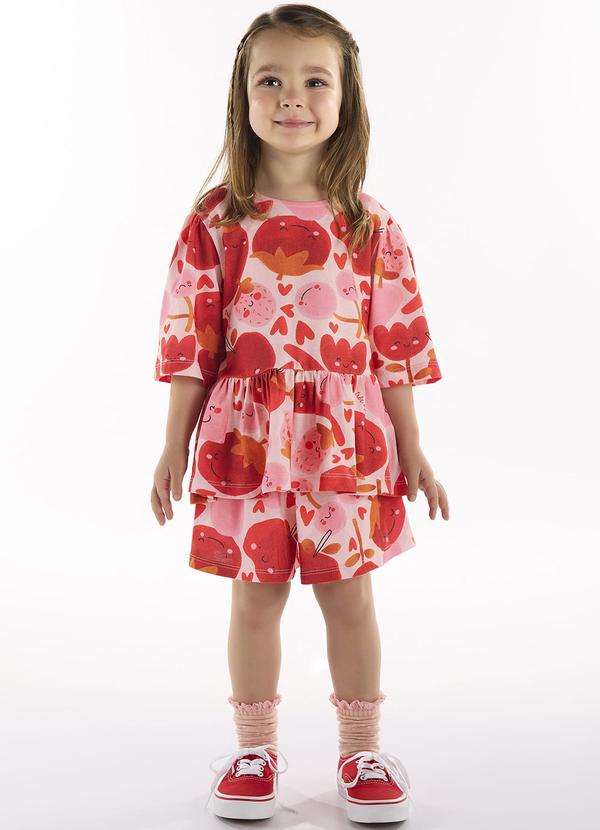 Três e Já - Conjunto Infantil com Blusa e Short Rosa