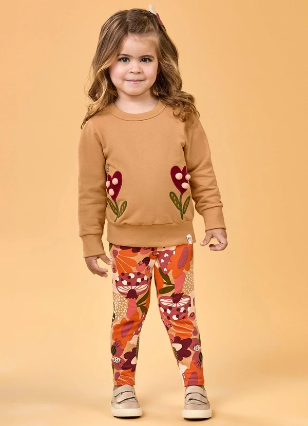 Elian - Conjunto Infantil Flores com Pompom Laranja