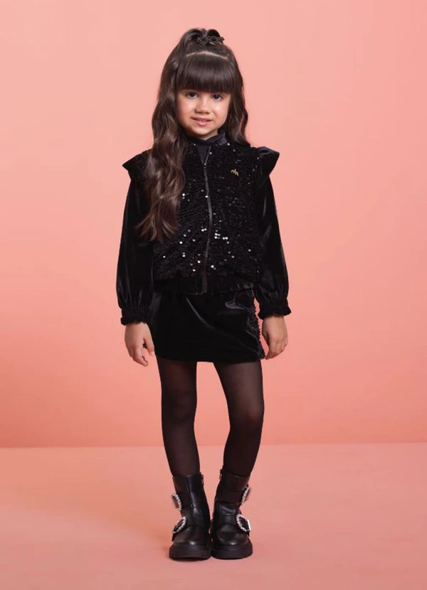 Milli e Nina - Conjunto Infantil Jaqueta e Saia em Veludo Preto