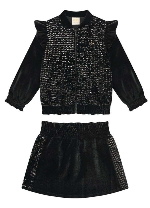 Milli e Nina - Conjunto Infantil Jaqueta e Saia em Veludo Preto 2