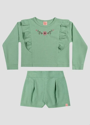 Kely Kety - Conjunto Infantil Menina Blusão e Shorts em Moletom Verde - KELY KETY