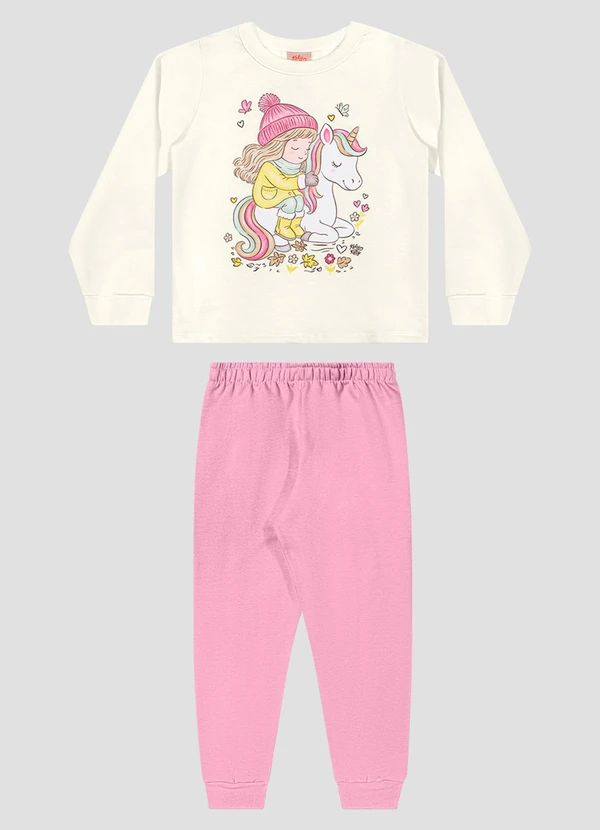 Kely Kety - Conjunto Infantil Menina Blusão Unicórnio e Calça Branco