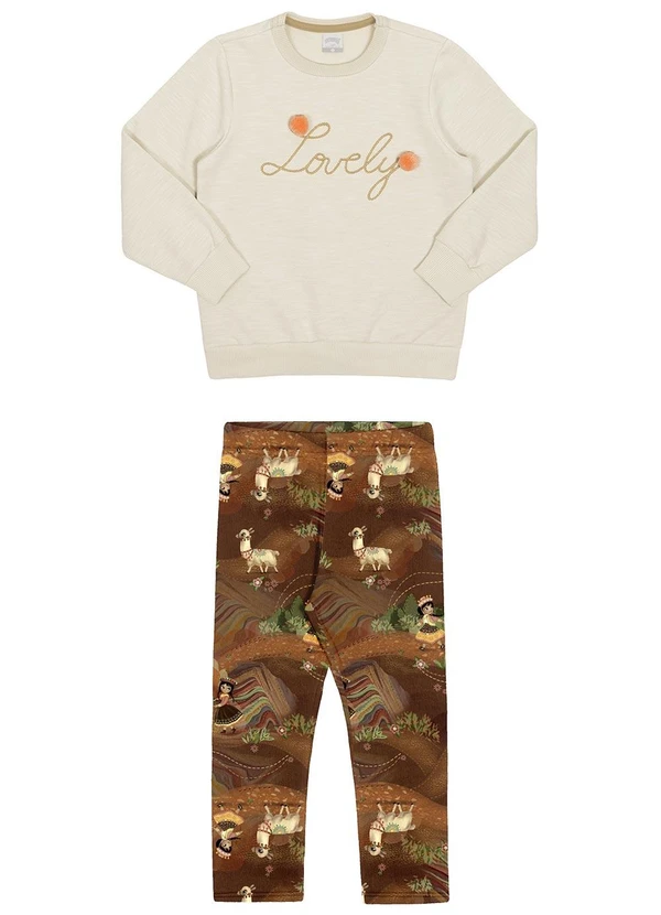 Alakazoo - Conjunto Infantil Menina com Bordado Pompom Marrom