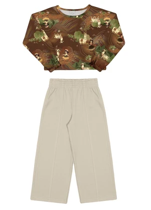 Alakazoo - Conjunto Infantil Menina com Cropped e Pantalona Marrom - ALAKAZOO