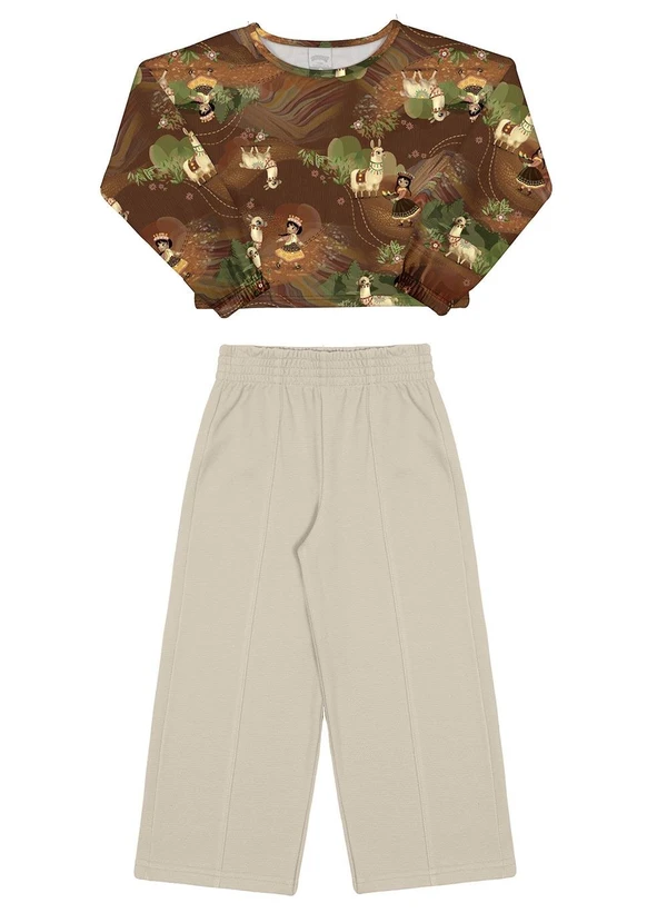Alakazoo - Conjunto Infantil Menina com Cropped e Pantalona Marrom