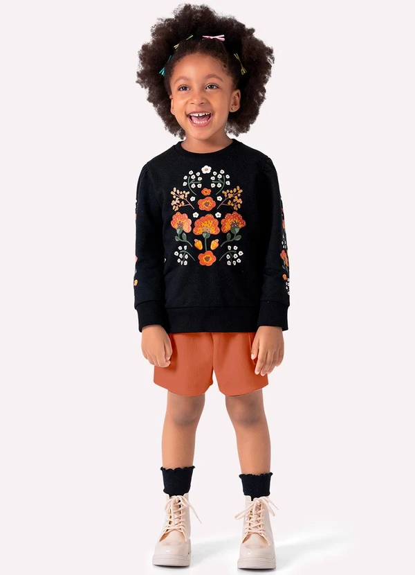 Nanai - Conjunto Infantil Menina em Moletinho Preto