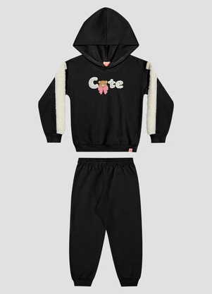 Kely Kety - Conjunto Infantil Menina em Moletom com Pelúcia Preto - KELY KETY