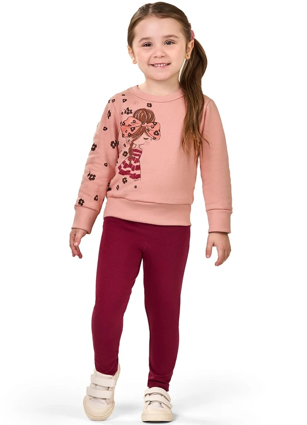 Elian - Conjunto Infantil Menina Estampado com Puff Rosa