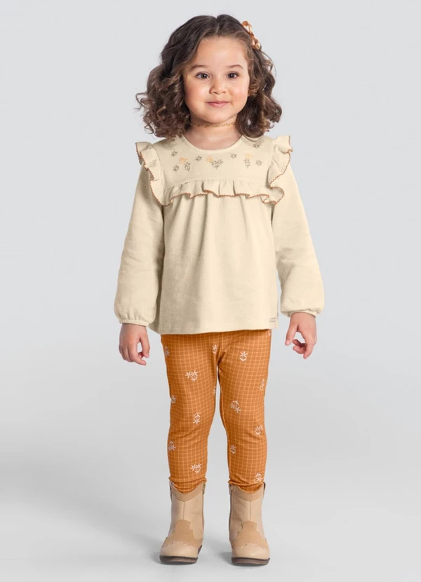 Brandili Mundi - Conjunto Infantil Menina Floral Elegante Bege