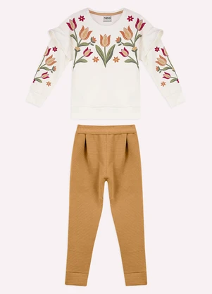 Nanai - Conjunto Infantil Menina Flores Bege - NANAI