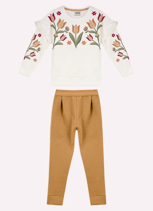 Nanai - Conjunto Infantil Menina Flores Bege