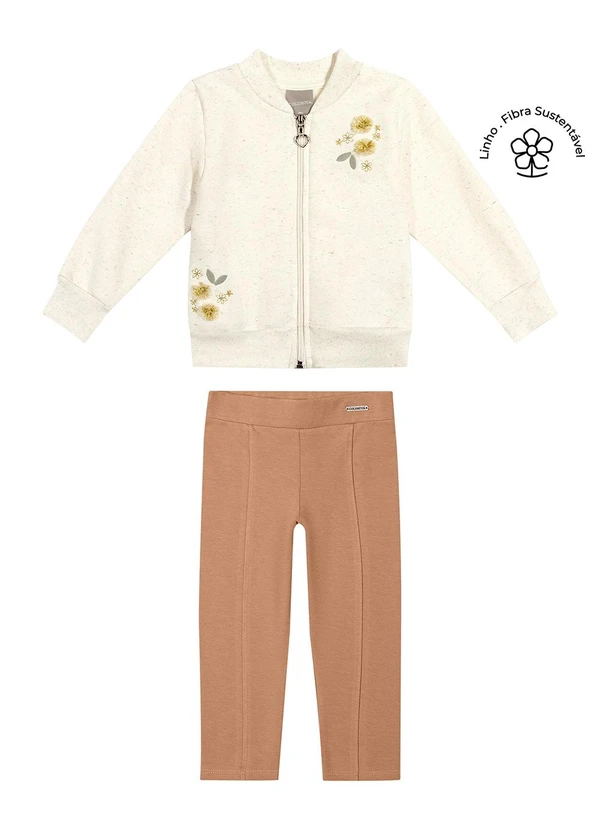Colorittá - Conjunto Infantil Menina Flores Bordado Bege