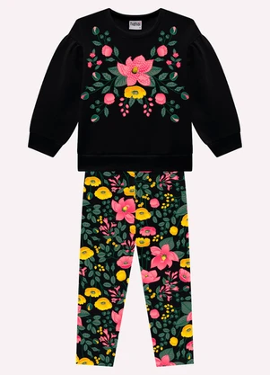 Nanai - Conjunto Infantil Menina Flores Preto - NANAI