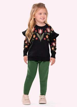 Nanai - Conjunto Infantil Menina Flores Preto - NANAI