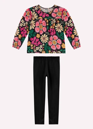 Nanai - Conjunto Infantil Menina Flores Preto - NANAI