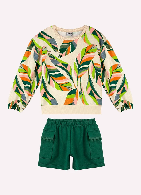 Nanai - Conjunto Infantil Menina Folhas Bege