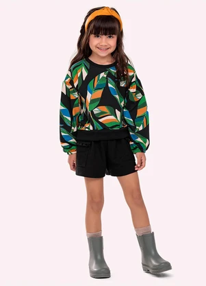 Nanai - Conjunto Infantil Menina Folhas Preto - NANAI