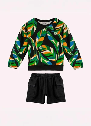 Nanai - Conjunto Infantil Menina Folhas Preto - NANAI