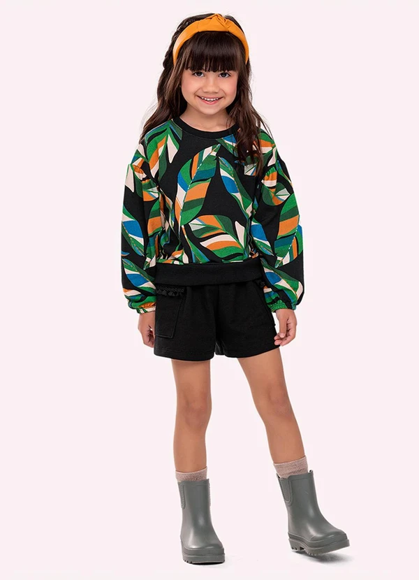 Nanai - Conjunto Infantil Menina Folhas Preto