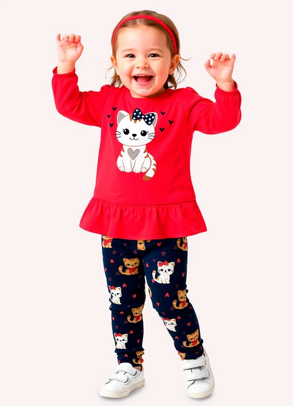 Kyly - Conjunto Infantil Menina Gatinho Vermelho