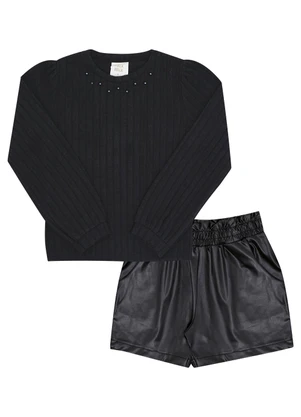 Pulla Bulla - Conjunto Infantil Menina Tecido Canelado Preto - PULLA BULLA