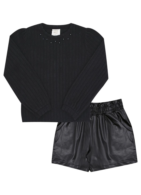 Pulla Bulla - Conjunto Infantil Menina Tecido Canelado Preto
