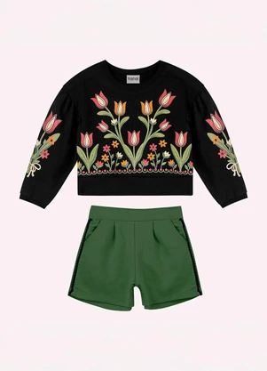 Nanai - Conjunto Infantil Menina Tulipas Preto - NANAI