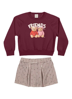 Elian - Conjunto Infantil Menina Xadrez Ursinhos Bordo - ELIAN