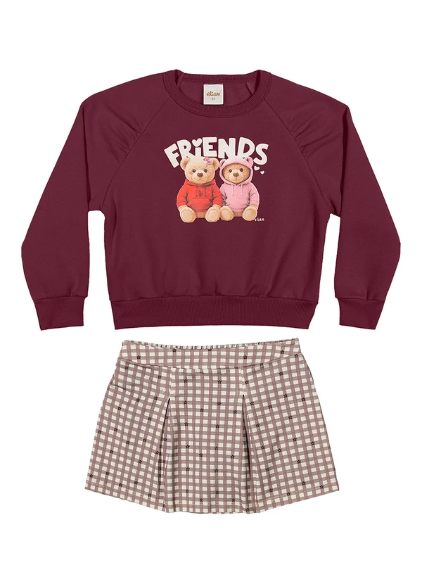 Elian - Conjunto Infantil Menina Xadrez Ursinhos Bordo